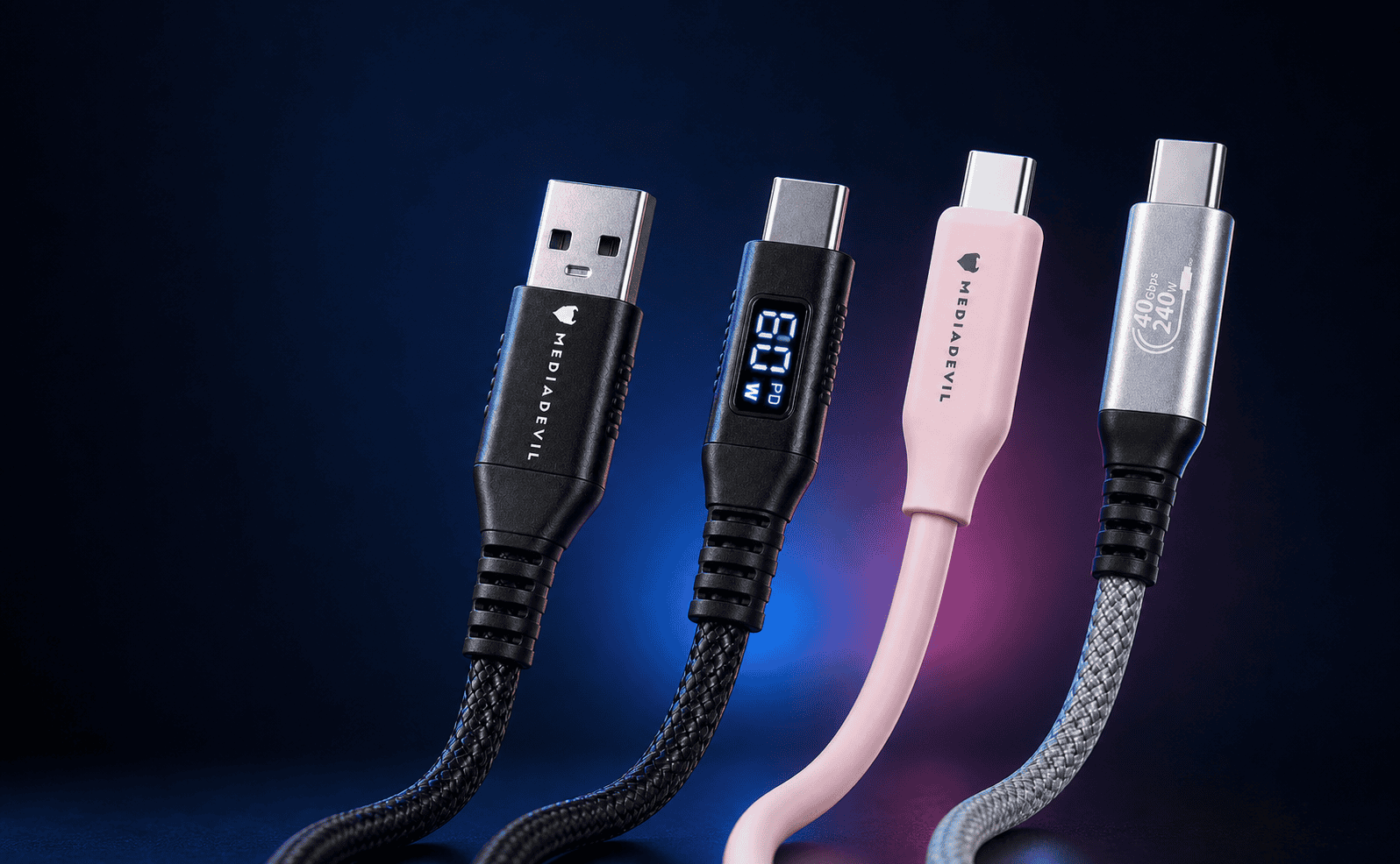 Four USB-C charging cables in black, pink, and silver, arranged diagonally against a dark blue background with blue and pink lighting accents.