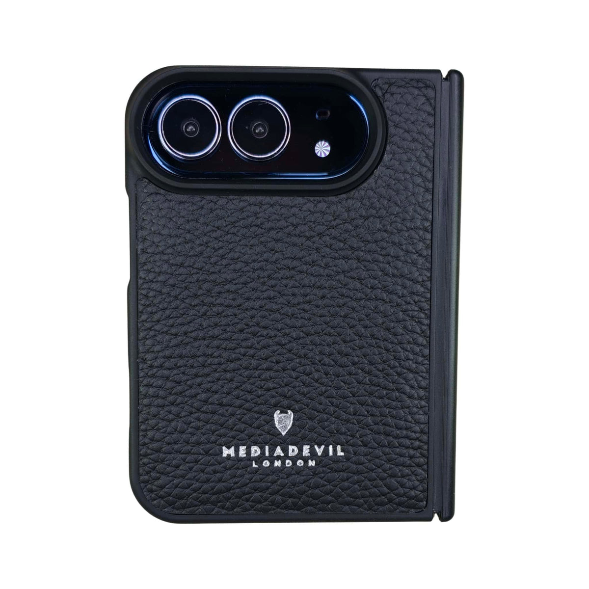 A black pebbled leather protective case for the apple iphone duo, featuring a camera cutout and the 'MediaDevil London' brand name printed in silver foil near the bottom, shown on a plain white background.