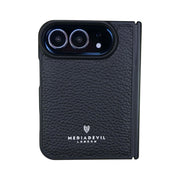 A black pebbled leather protective case for the apple iphone duo, featuring a camera cutout and the 'MediaDevil London' brand name printed in silver foil near the bottom, shown on a plain white background.